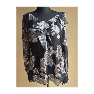 White House Black Market Floral Blouse | Black Sheer Ruffle Neck Top